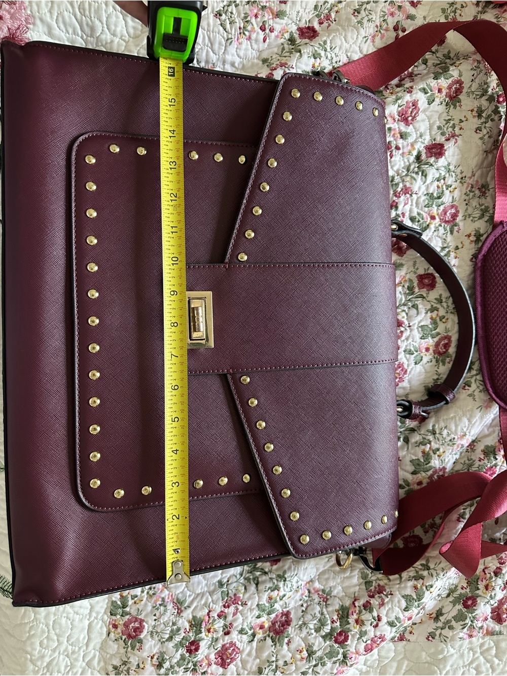 Studded Burgundy Women's Crossbody Satchel Briefcase Laptop Bag - Picture 5 of 7